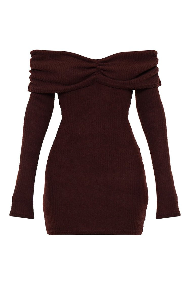 Chocolate Bardot Dress | | S | Agnese Studios