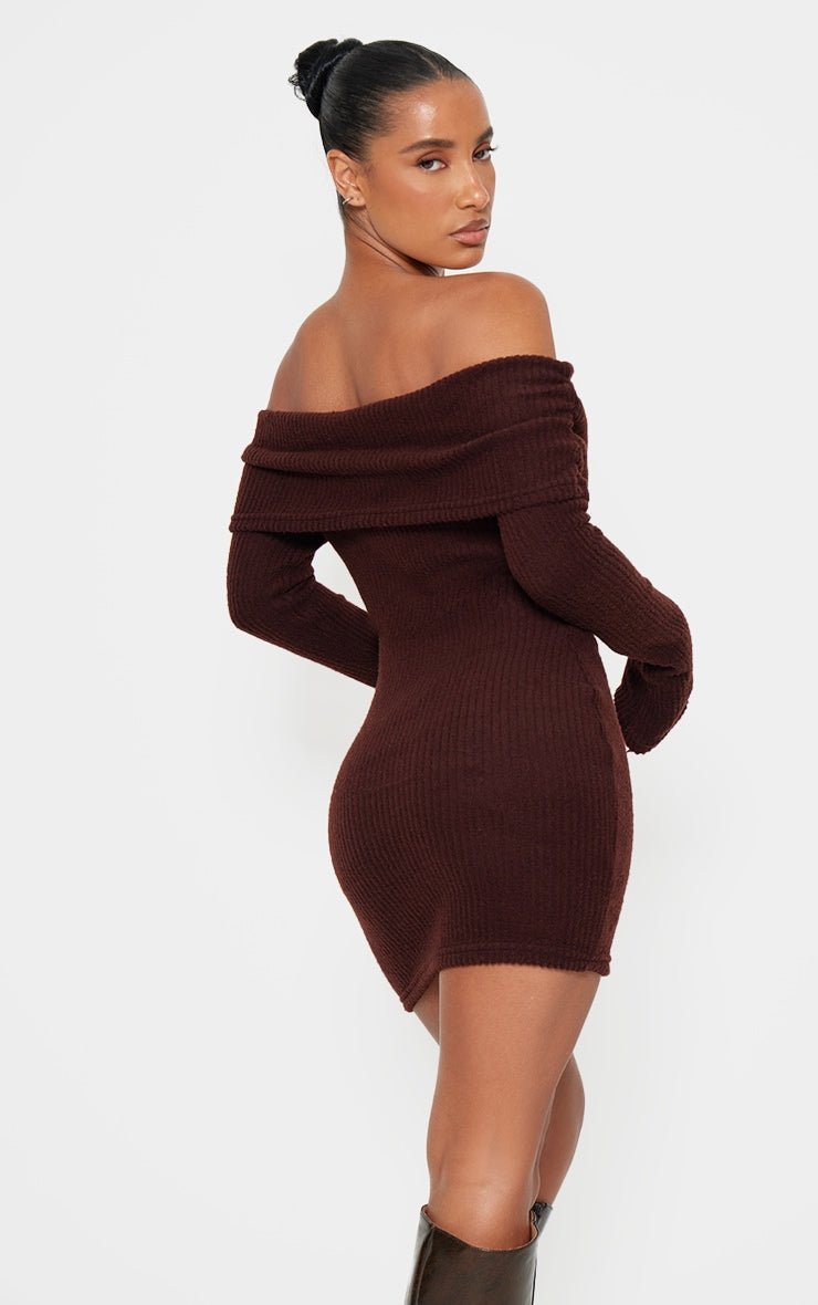 Chocolate Bardot Dress | | S | Agnese Studios