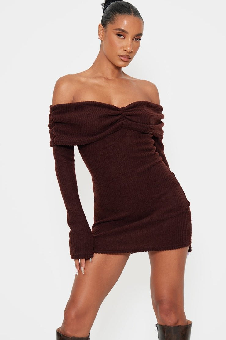 Chocolate Bardot Dress | | S | Agnese Studios